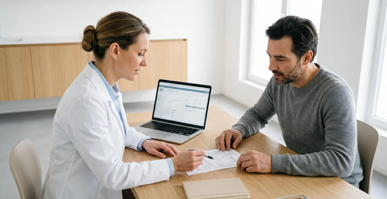 Consultation entre une professionnelle de santé en blouse blanche et un patient adulte examinant ensemble des résultats d'analyse dans un cabinet médical contemporain