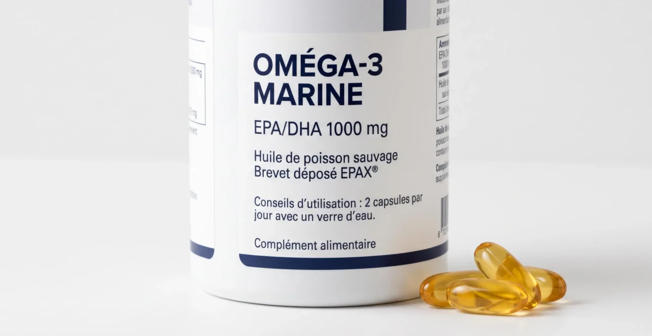 Flacon blanc de complément alimentaire oméga 3 avec étiquette française détaillée visible, accompagné de gélules dorées sur fond blanc