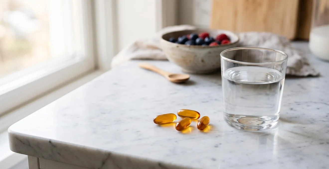 Gélules translucides dorées d'oméga 3 disposées sur un comptoir de cuisine blanc à côté d'un verre d'eau, avec des fruits frais en arrière-plan dans une lumière naturelle douce