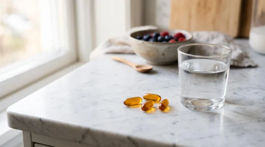 Gélules translucides dorées d'oméga 3 disposées sur un comptoir de cuisine blanc à côté d'un verre d'eau, avec des fruits frais en arrière-plan dans une lumière naturelle douce