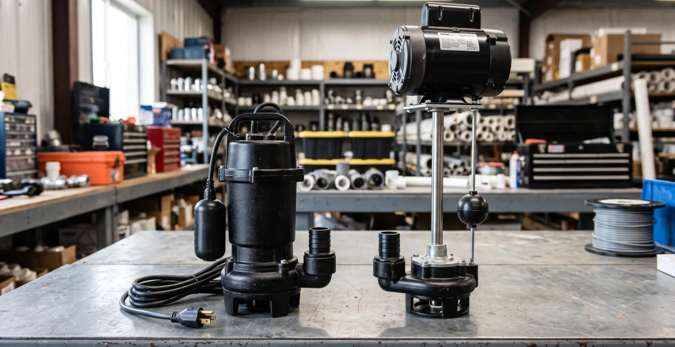 Comparaison visuelle entre une pompe submersible compacte et une pompe à socle avec moteur surélevé sur un établi d'atelier
