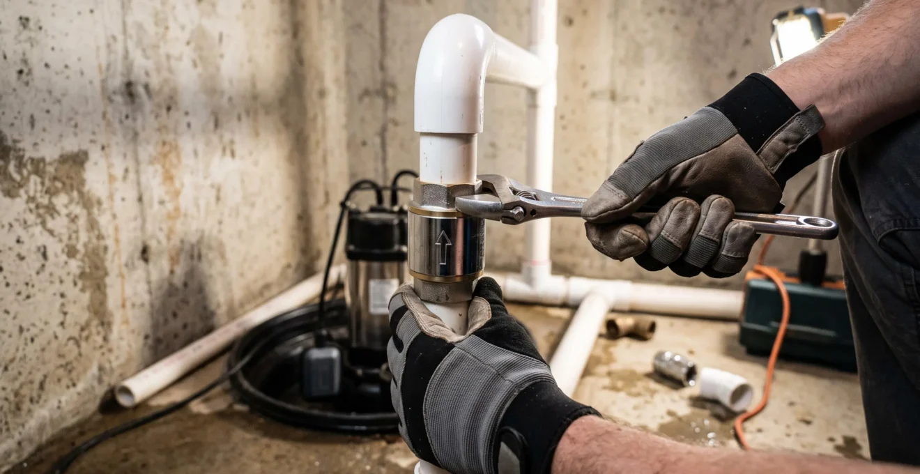 Gros plan sur les mains d'un plombier installant un clapet anti-retour et des raccords de tuyauterie PVC sur le système d'évacuation d'une pompe de puisard