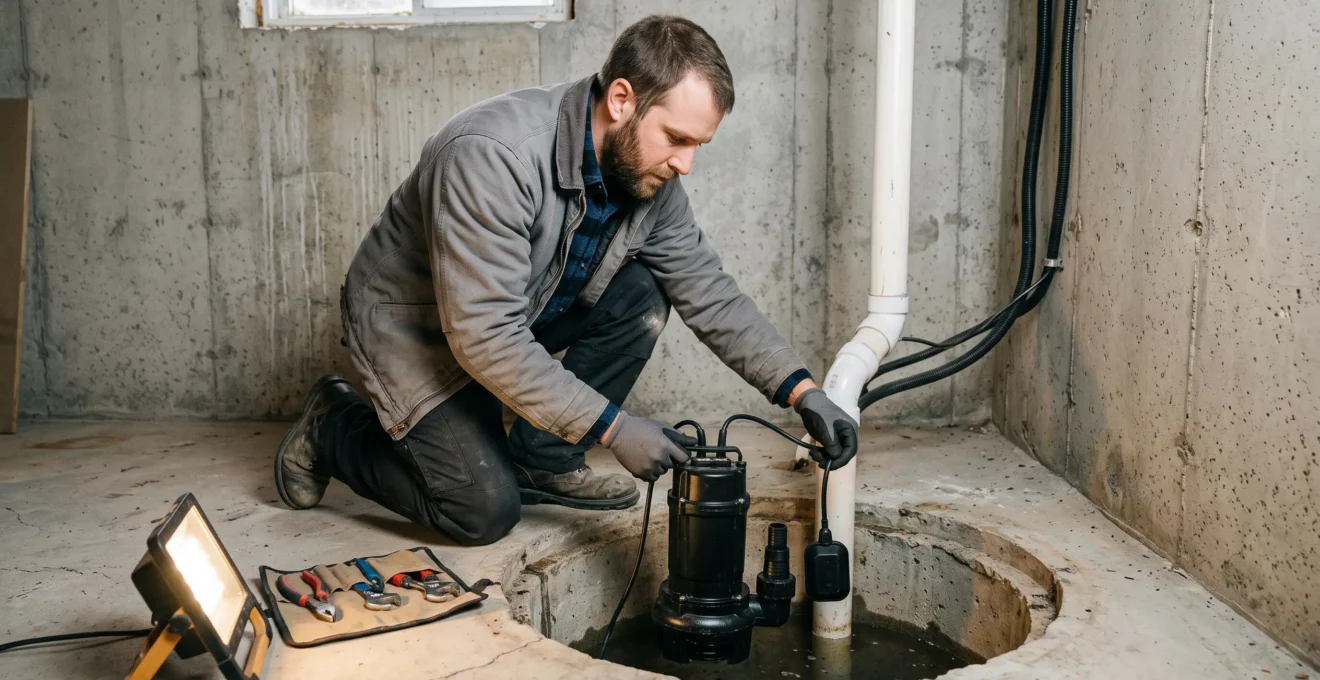 Plombier professionnel installant une pompe submersible dans une fosse de puisard en béton dans un sous-sol résidentiel québécois